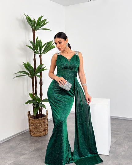 Yesil omuz tas detayli V yaka simli maxi abiye elbise – Mia Lora
