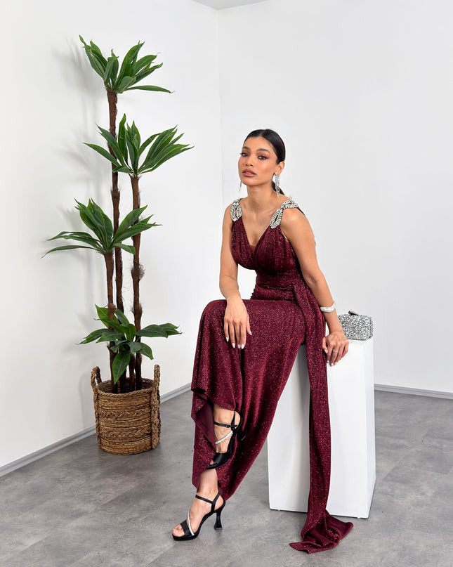 Bordo omuz tas detayli V yaka simli maxi abiye elbise – Mia Lora
