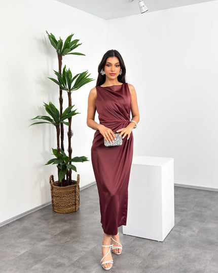 ML26009 Midi Dress with Boat Neckline and Pleated Details