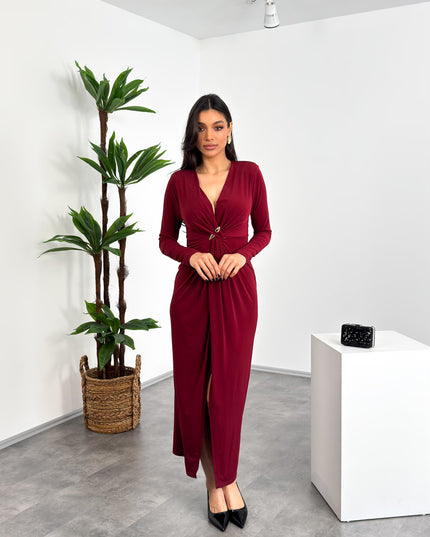 Sandy Kumaş Ön Büzgülü Kruvaze Broş Detaylı Şık Elbise