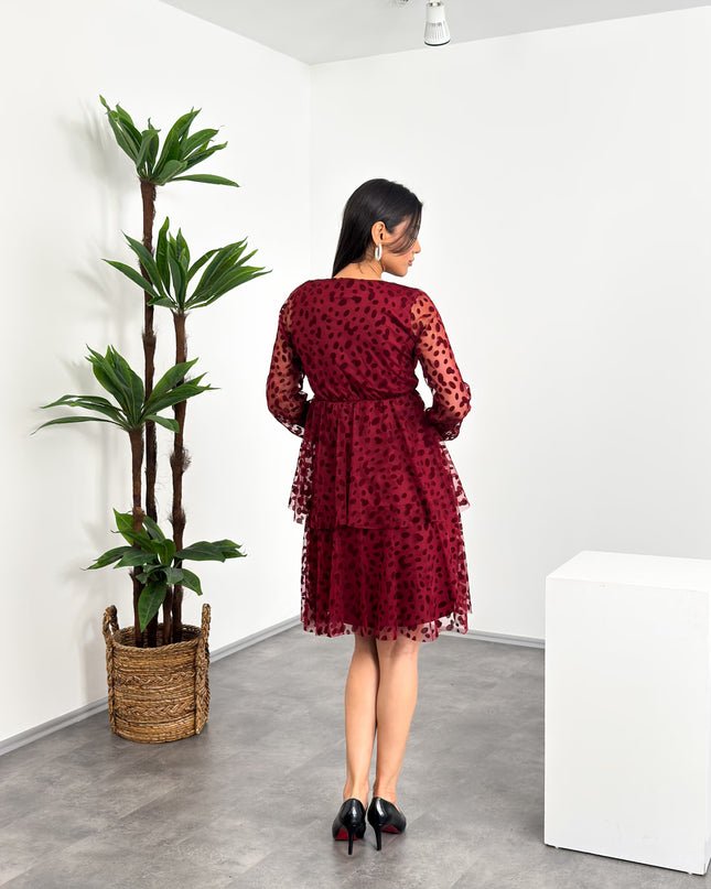 Beli Lastikli Kruvaze Yaka Bel Lastikli Uzun Kollu Kısa Katlı Elbise