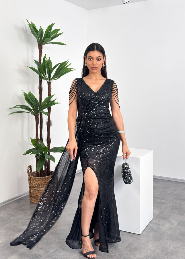 Kruvaze Yaka Omuz Püsküllü Siyah Abiye Elbise
