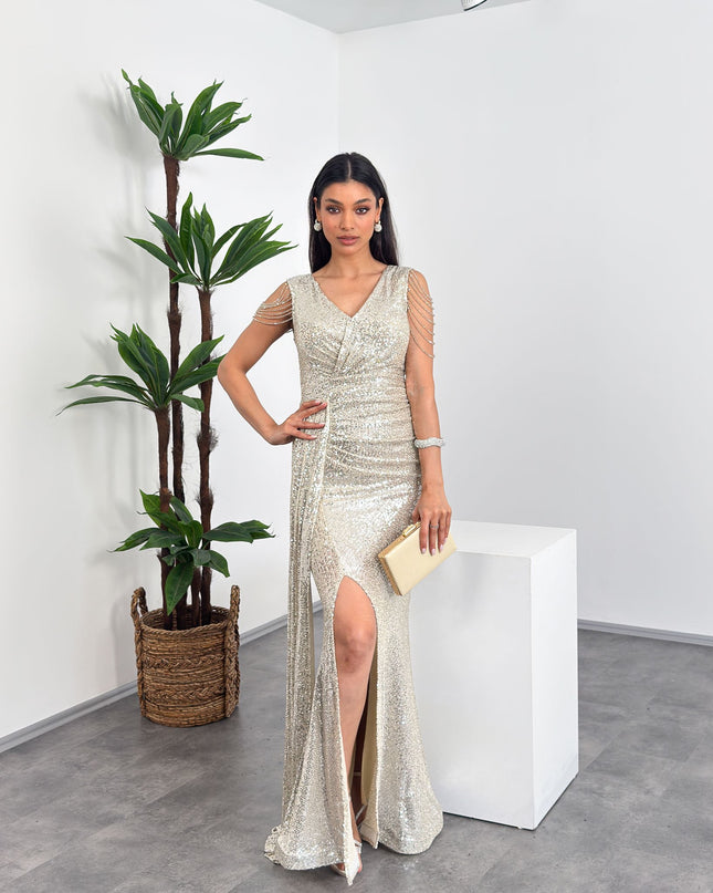 Kruvaze Yaka Omuz Püsküllü Bej Abiye Elbise