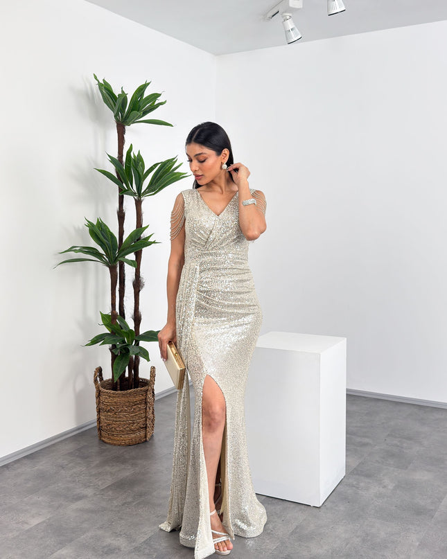 Kruvaze Yaka Omuz Püsküllü Bej Abiye Elbise