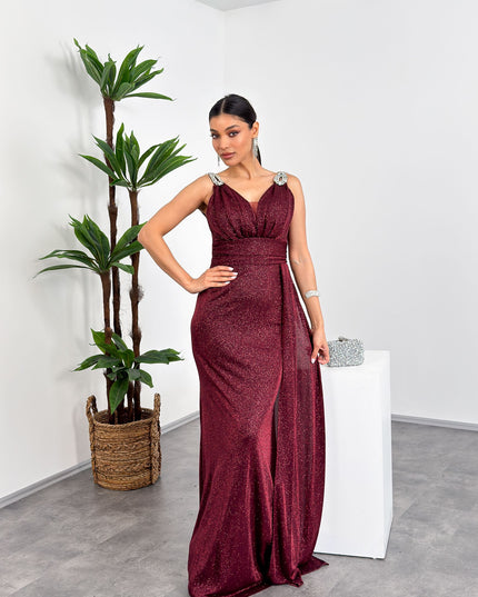 Bordo omuz tas detayli V yaka simli maxi abiye elbise – Mia Lora

