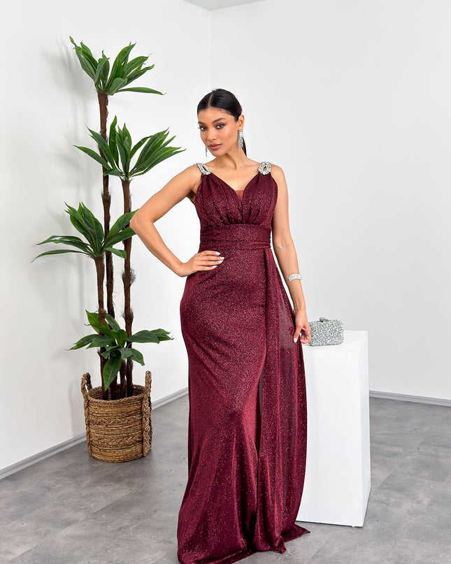 Bordo omuz tas detayli V yaka simli maxi abiye elbise – Mia Lora

