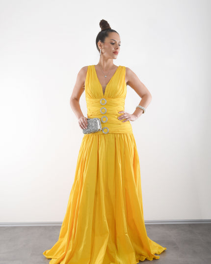 Kolsuz V Yaka , Broş Aksesuarlı , Tafta Kuyruklu Abiye Elbise, Davet Elbisesi