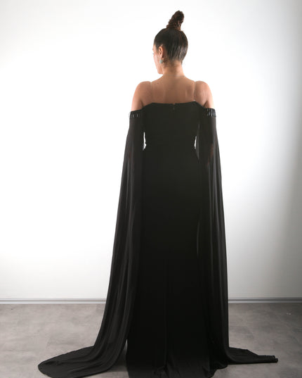 Pelerin Kollu Boncuk İşlemeli Yırtmaçlı Abiye Elbise,nikah,nişan Elbisesi