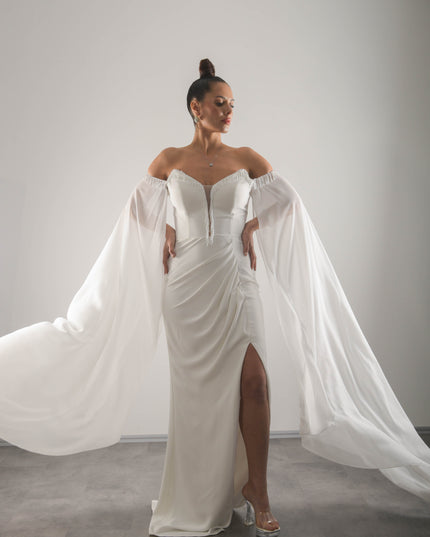 Pelerin Kollu Boncuk İşlemeli Yırtmaçlı Abiye Elbise,nikah,nişan Elbisesi