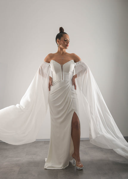 Pelerin Kollu Boncuk İşlemeli Yırtmaçlı Abiye Elbise,nikah,nişan Elbisesi