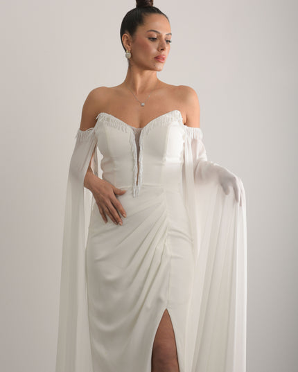 Pelerin Kollu Boncuk İşlemeli Yırtmaçlı Abiye Elbise,nikah,nişan Elbisesi