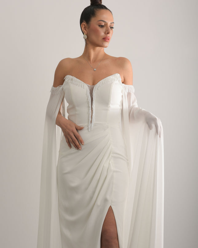 Pelerin Kollu Boncuk İşlemeli Yırtmaçlı Abiye Elbise,nikah,nişan Elbisesi