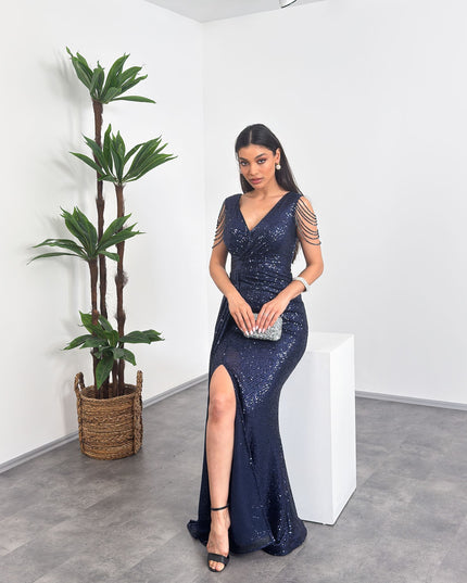 Kruvaze Yaka Omuz Püsküllü Lacvivert Abiye Elbise
