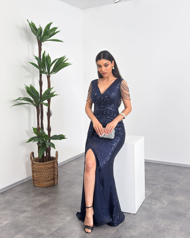 Kruvaze Yaka Omuz Püsküllü Lacvivert Abiye Elbise
