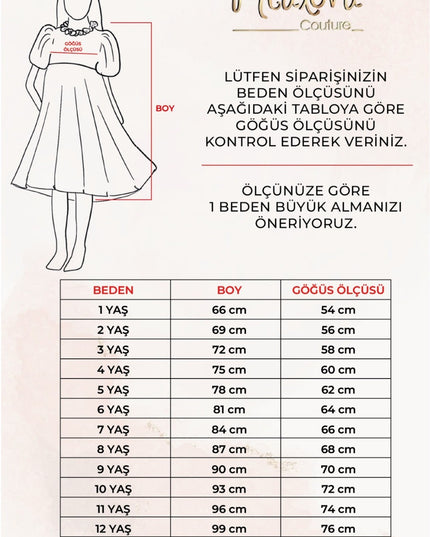 Kız çocuk abiyesi için beden ve gögüs ölçüsü tablosu, 1 yaştan 14 yaşa kadar ölçüleri gösterir
