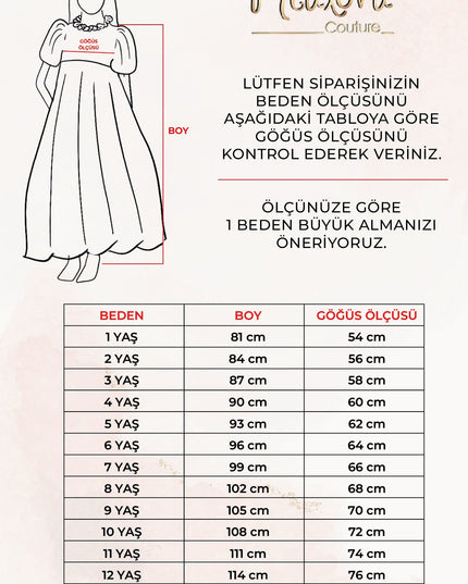 Kız çocuk elbisesi beden ve boy ölçü tablosu, kolye detaylı uzun etek modeli için size rehberi