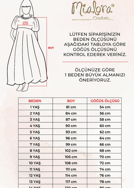 Kız çocuk elbisesi beden ve boy ölçü tablosu, kolye detaylı uzun etek modeli için size rehberi