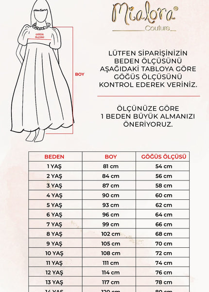 Kız çocuk abiyesi boy ve göğüs ölçüsü tablosu, 1-14 yaş için beden rehberi