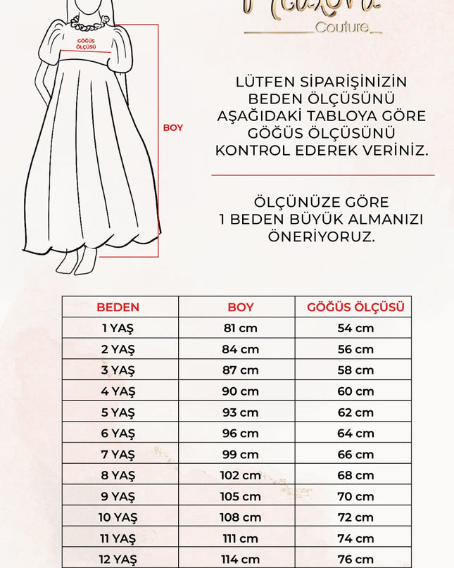Kız çocuk abiyesi boy ve göğüs ölçüsü tablosu, 1-14 yaş için beden rehberi