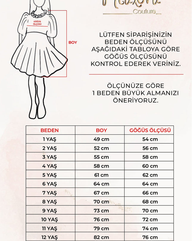 Kız çocuk abiye beden ölçü tablosu, beden ve boy uzunluğu görseli