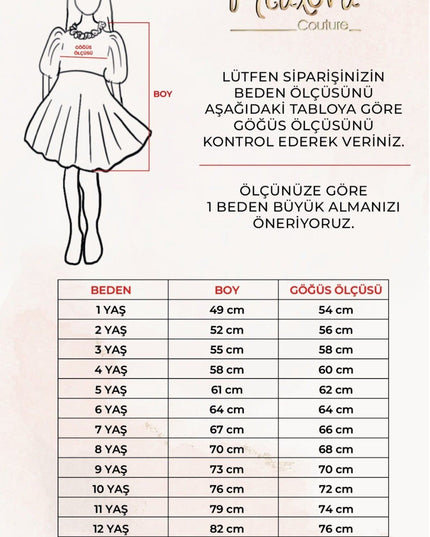 Kız çocuk vintage elbisesi size rehberi, beden ve göğüs ölçüleri tablosu, 1-14 yaş arası