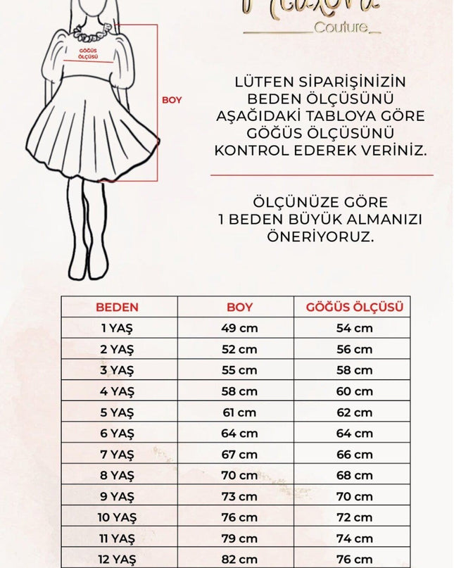 Kız çocuk vintage elbisesi size rehberi, beden ve göğüs ölçüleri tablosu, 1-14 yaş arası