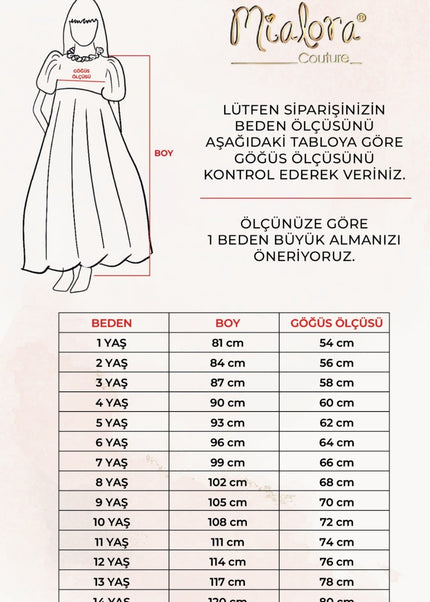 Kız çocuk abiye elbisesi için beden ve göğüs ölçüsü tablosu, 1-14 yaş arası rehberi