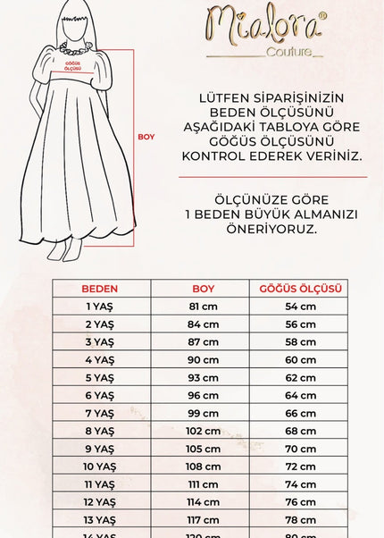 Kız çocuk elbisesi ölçü tablosu, beden ve boy ölçülerine göre yaş grupları için detaylı boyut rehberi